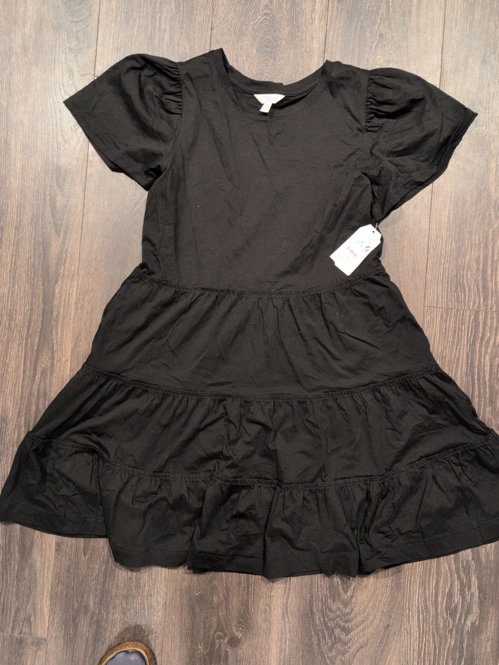 Time & Tru Women's Medium Black Solid Square Neck Puff Sleeve Smocked Dress NWT